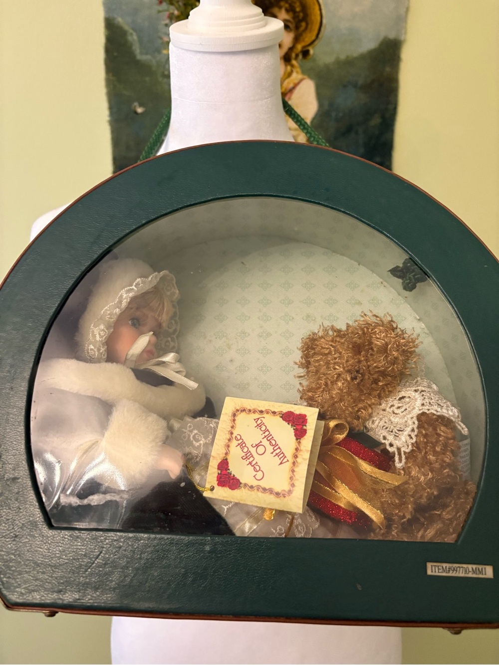 Vintage Green Holiday Doll & Bear Decorative Set